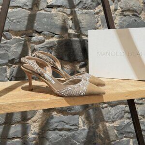 Manolo Blahnik Beige Suede Tweed Carolyne Slingback Pumps.